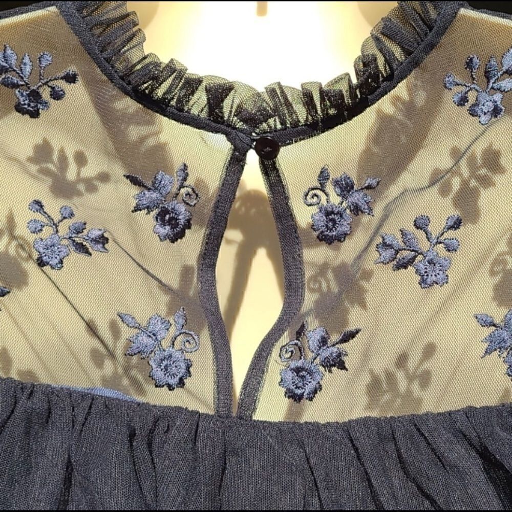 Illusion Washed Black Floral Embroidered Tulle Ruffle Longsleeve Blouse Top 6 S - Picture 8 of 10
